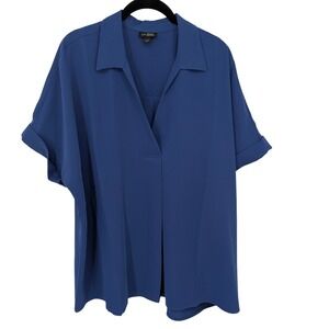 J Jill Blouse Women XL Blue Short Sleeve V-Neck Button Back Wearever Tunic Top